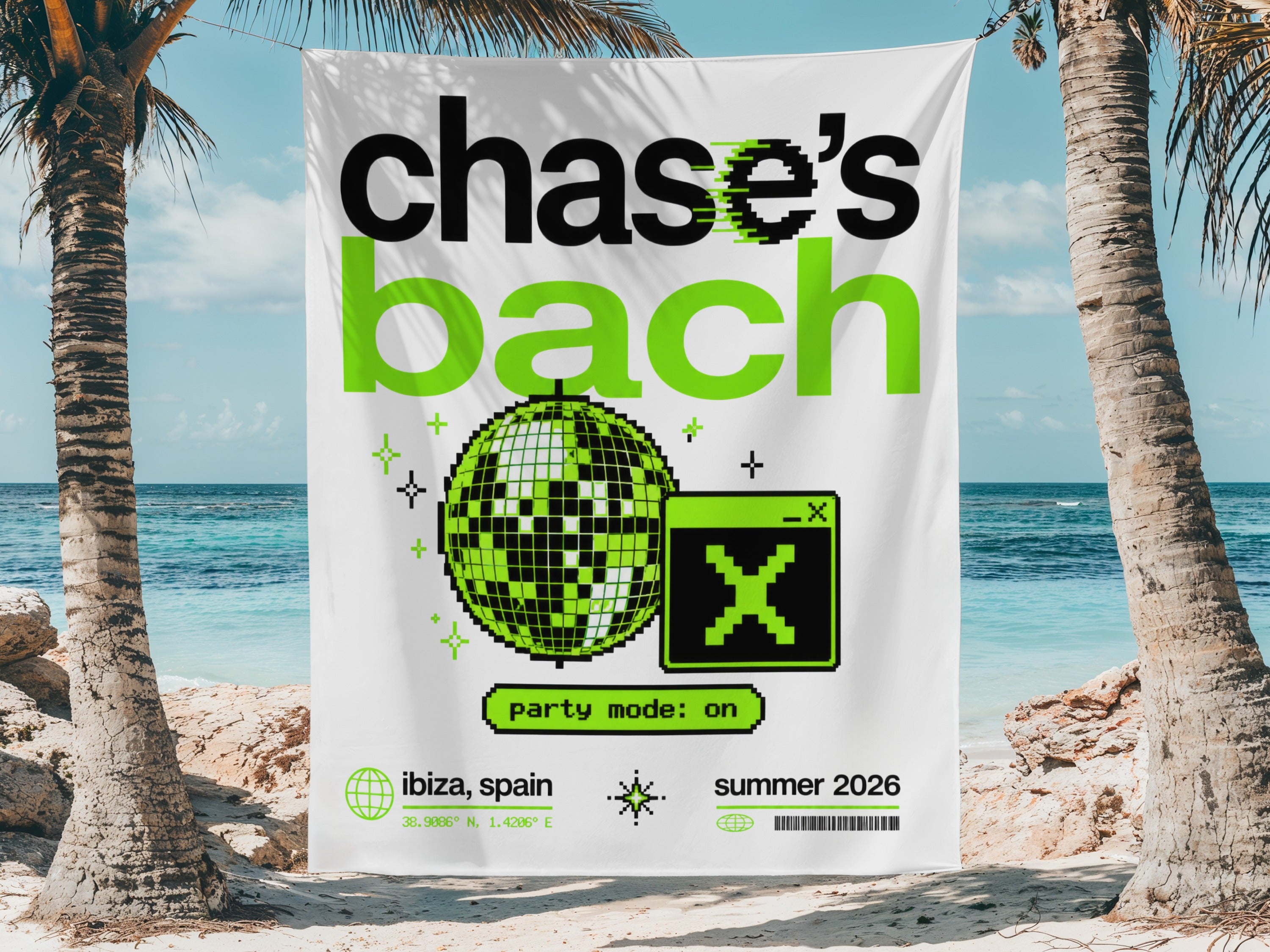 White banner with "chase's bach" and disco ball, party mode on, ibiza, summer 2026.