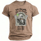 T-shirt with skeleton in tuxedo, holding drink, with text "Til Death Do Us Party".