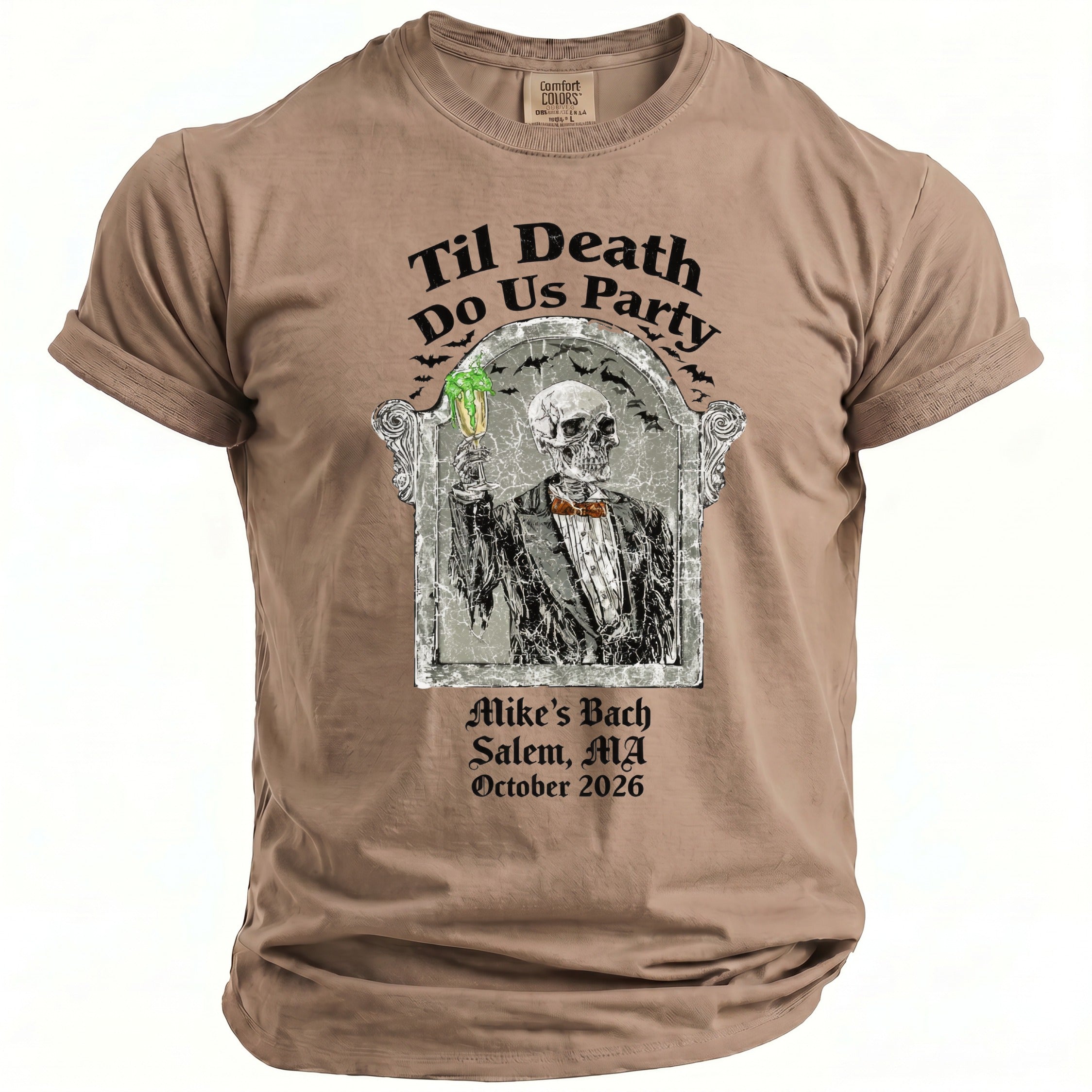 T-shirt with skeleton in tuxedo, holding drink, with text "Til Death Do Us Party".