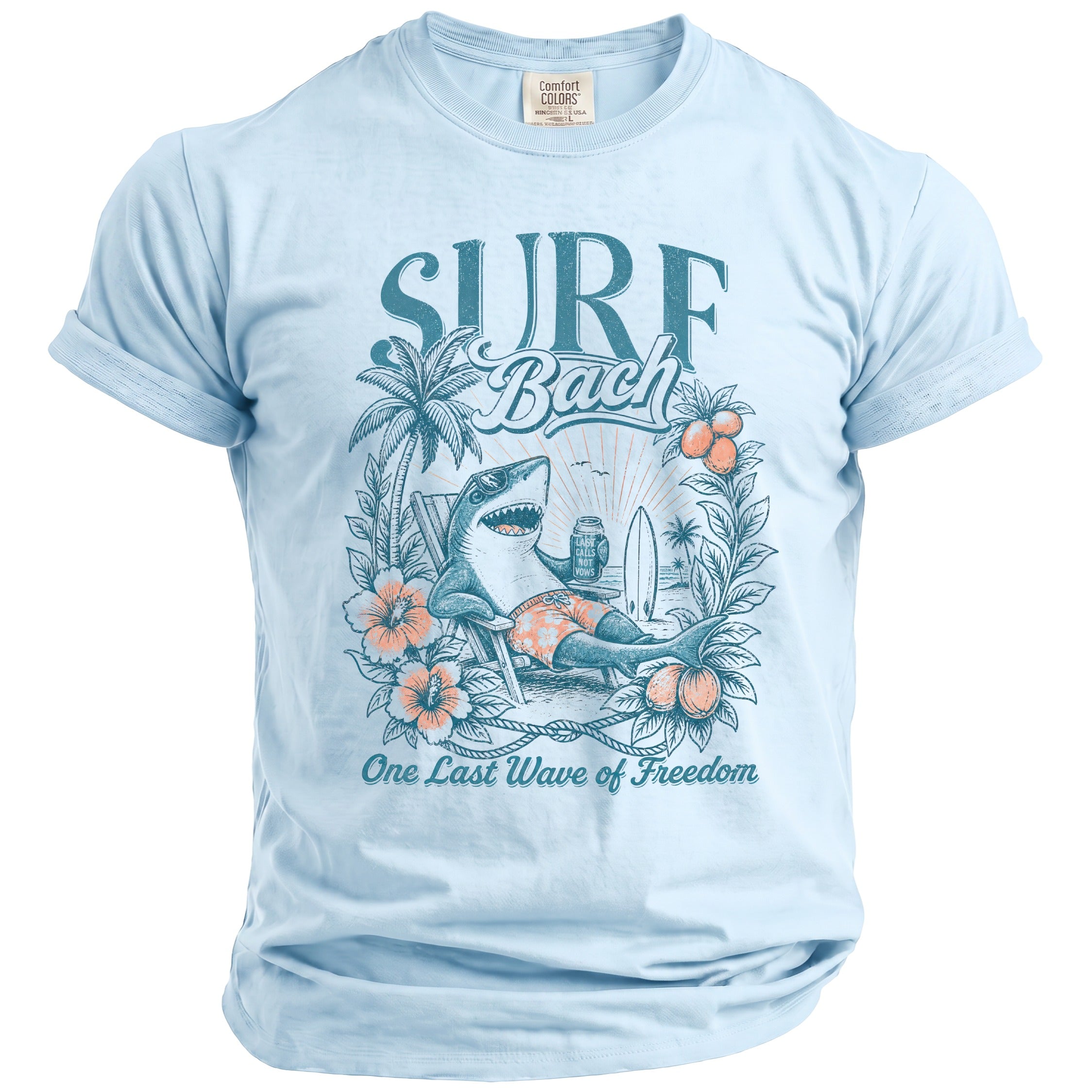 Light blue t-shirt with distressed graphic of shark lounging with drink and surfboard, "Surf Bach".