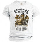White t-shirt with a golden dragon graphic holding a beer and saying "Dragon Me To The Altar"