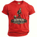 Red t-shirt with "Dead Man Walking" graphic featuring a man with a ball and chain, and event details.