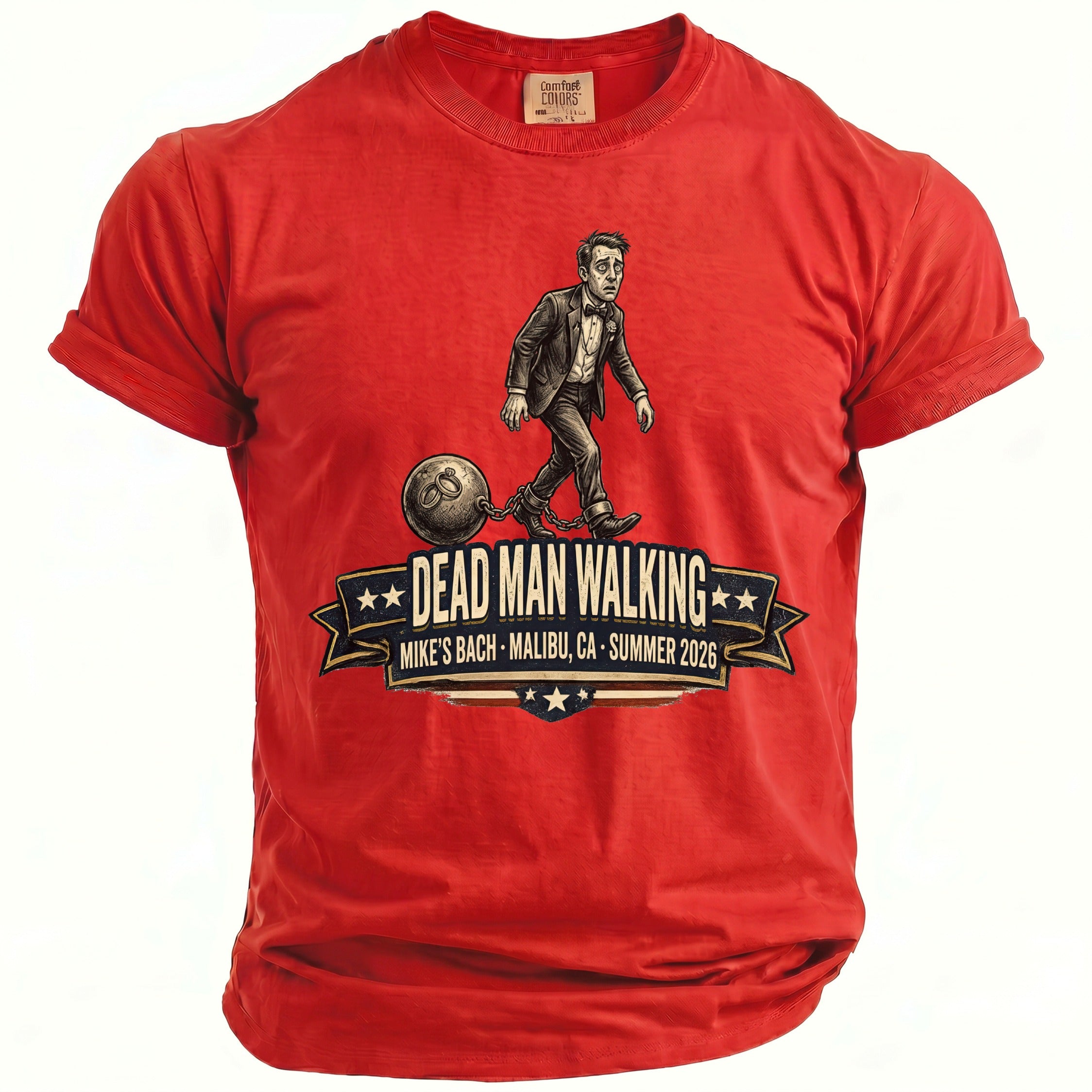 Red t-shirt with "Dead Man Walking" graphic featuring a man with a ball and chain, and event details.