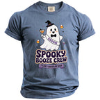 Blue t-shirt with ghost graphic reading "Spooky Booze Crew" and "Groom" for Tyler's Bachelor Bash.