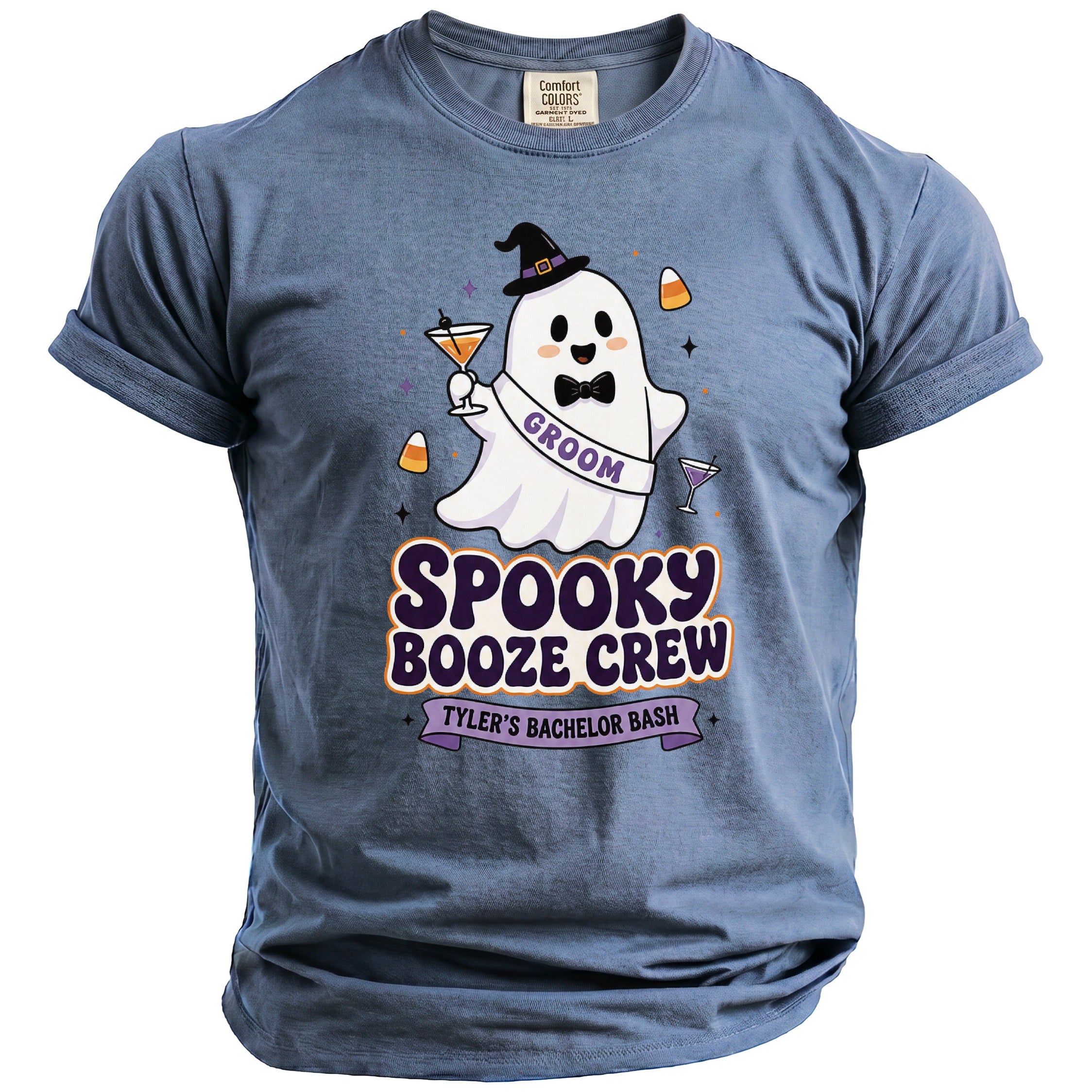 Blue t-shirt with ghost graphic reading "Spooky Booze Crew" and "Groom" for Tyler's Bachelor Bash.
