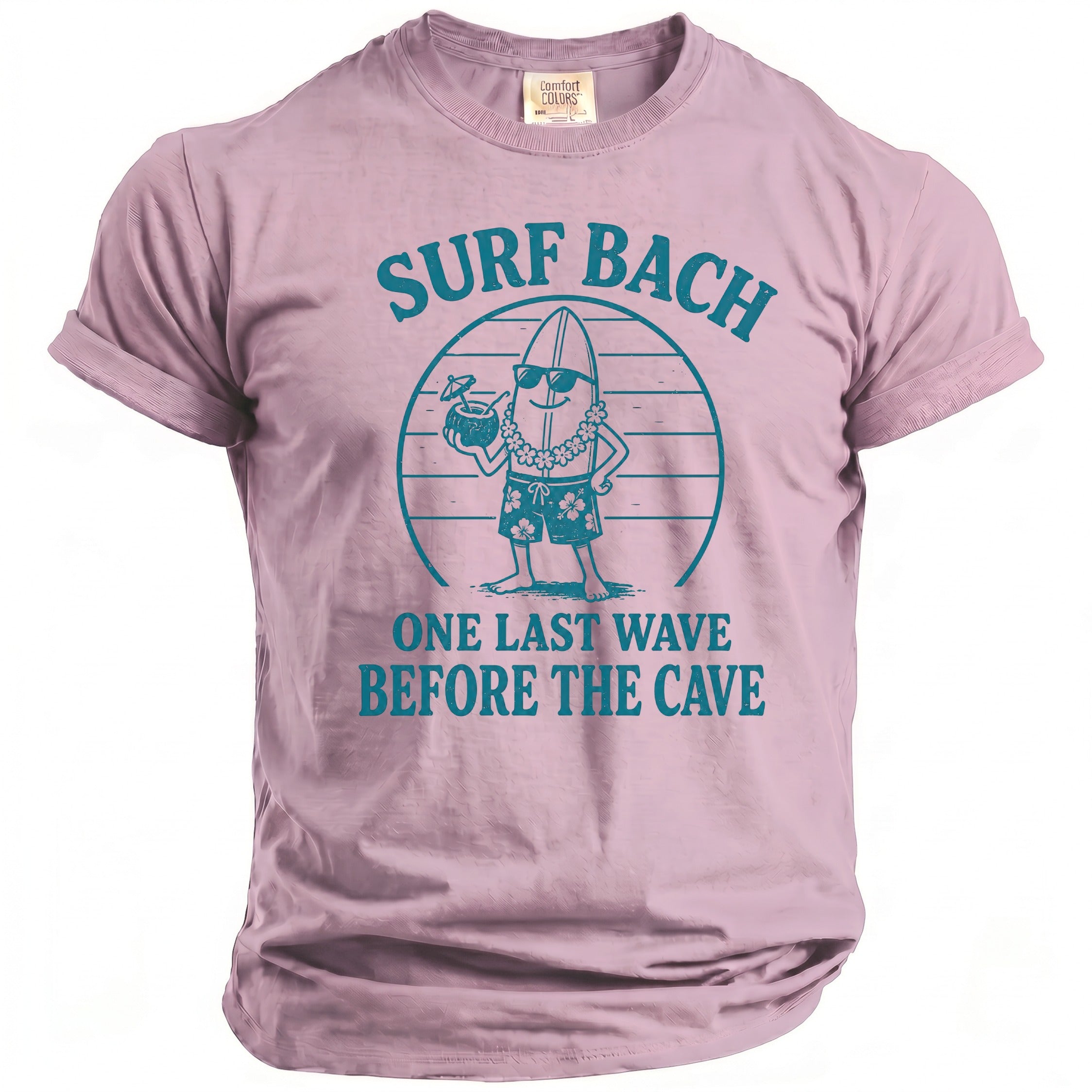 Pink t-shirt with teal graphic of surfing banana "Surf Bach One Last Wave Before The Cave".