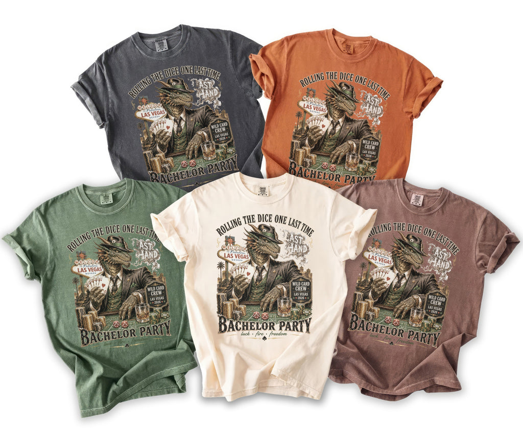 T-shirts featuring a dragon in a suit playing poker in Las Vegas with text "Bachelor Party".
