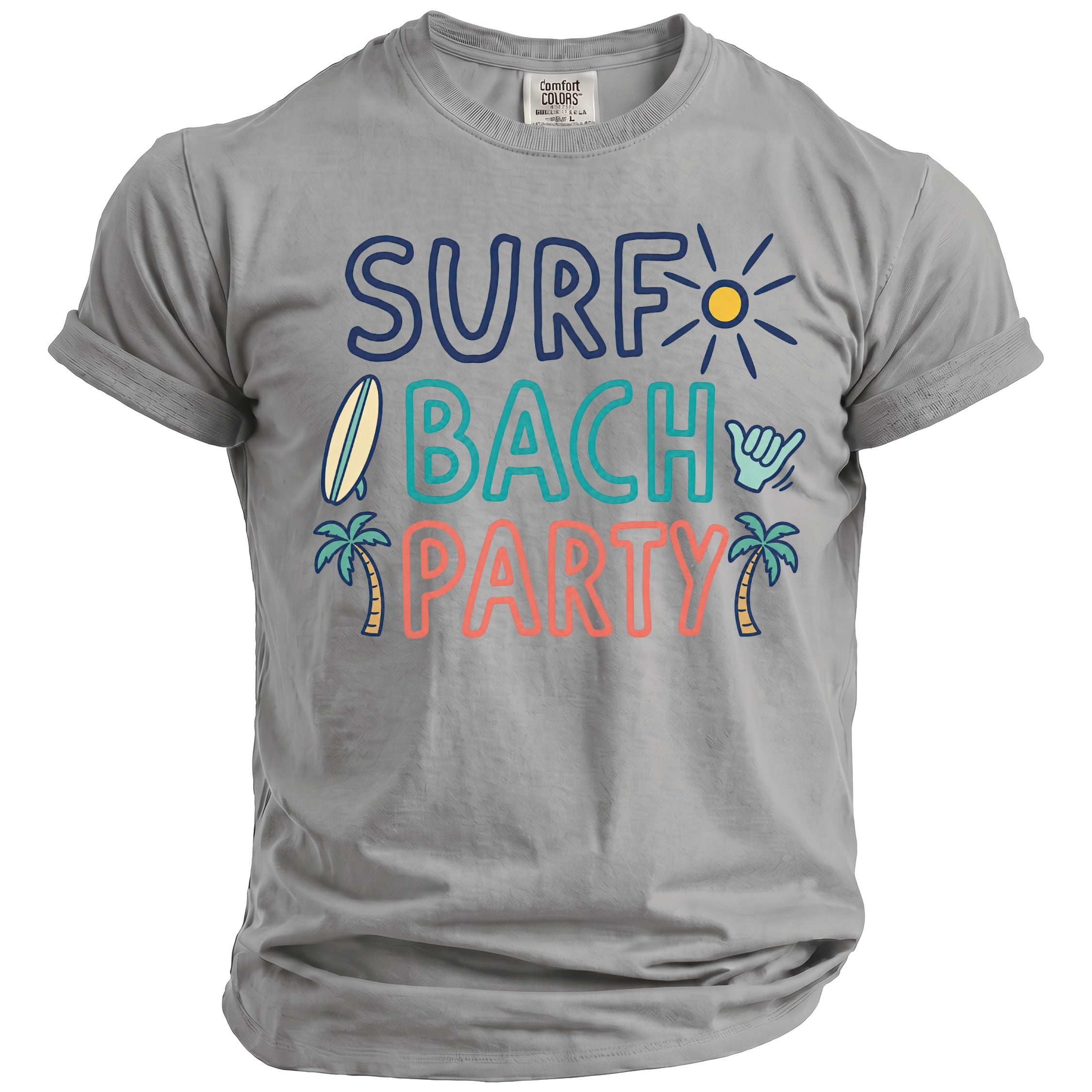 Grey t-shirt with text "SURF BACH PARTY" and beach graphics.