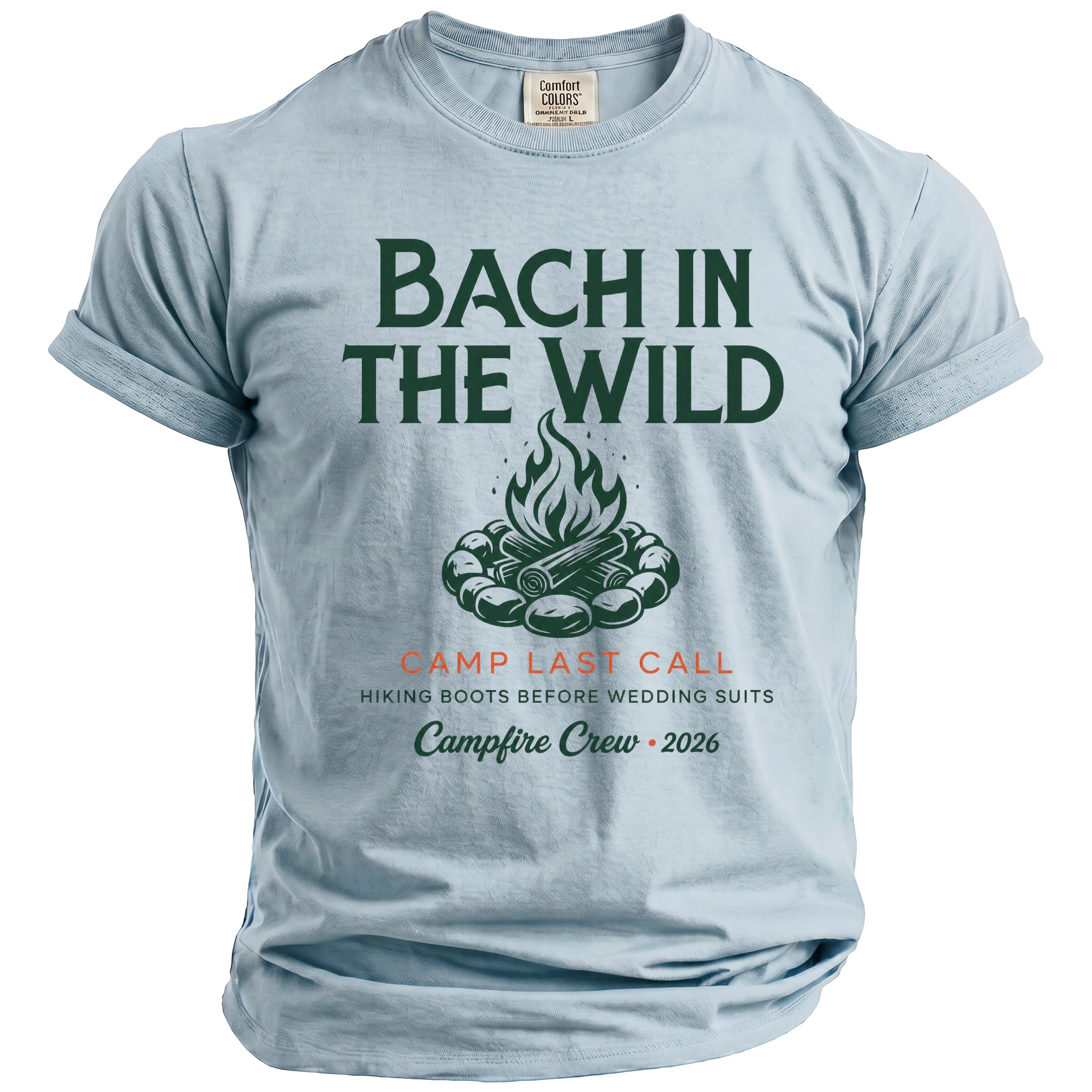 Light blue t-shirt with "Bach In The Wild" and campfire graphic.
