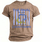 Brown t-shirt with "THE FINAL Mike's Bach COUNTDOWN" text and broken chains.