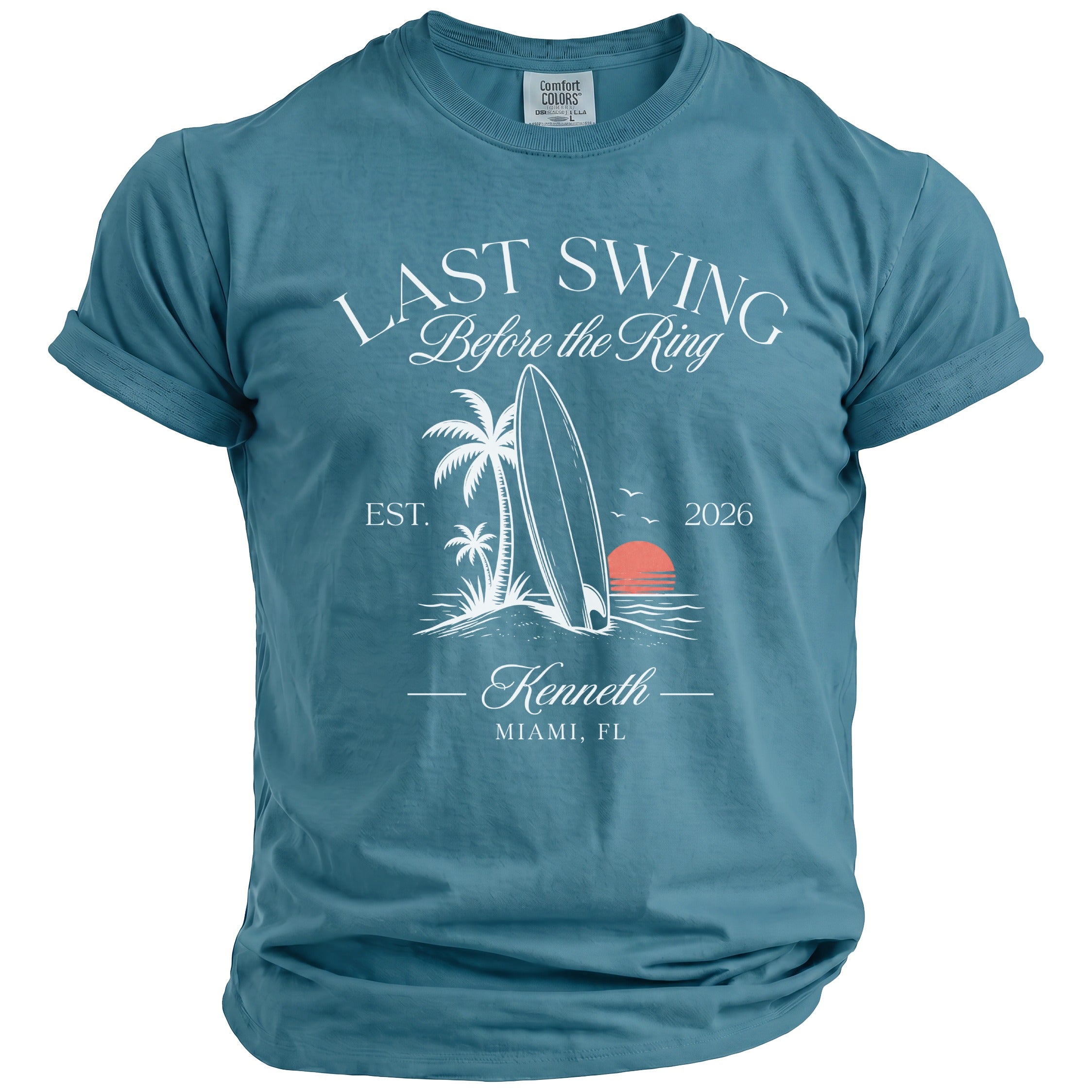 T-shirt with "Last Swing Before the Ring" text and Miami, FL graphic.