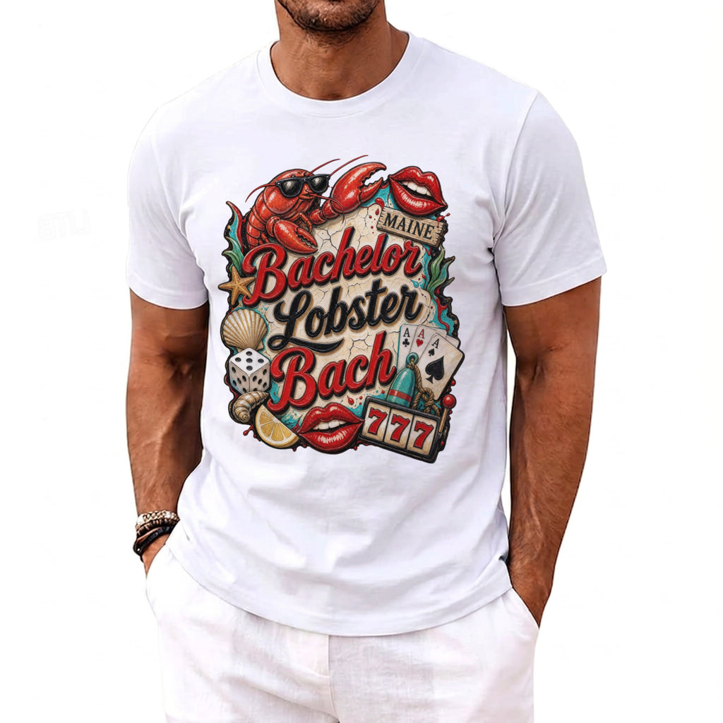 White t-shirt with "Bachelor Lobster Bach Maine" graphic featuring a lobster and casino elements.