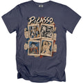 Picasso t-shirt with four postage stamps featuring art and text.