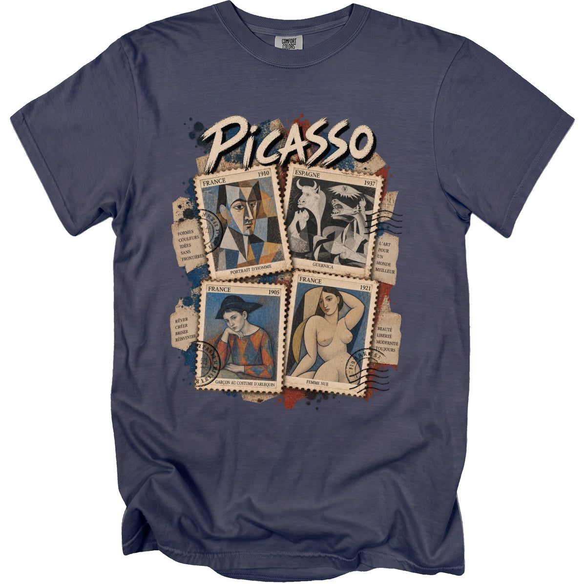 Picasso t-shirt with four postage stamps featuring art and text.