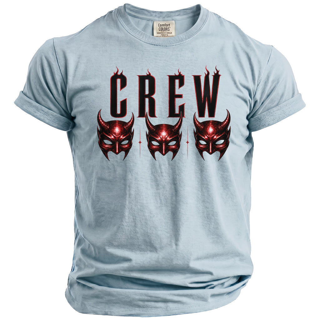 Light blue t-shirt with "CREW" text and three red devil masks.