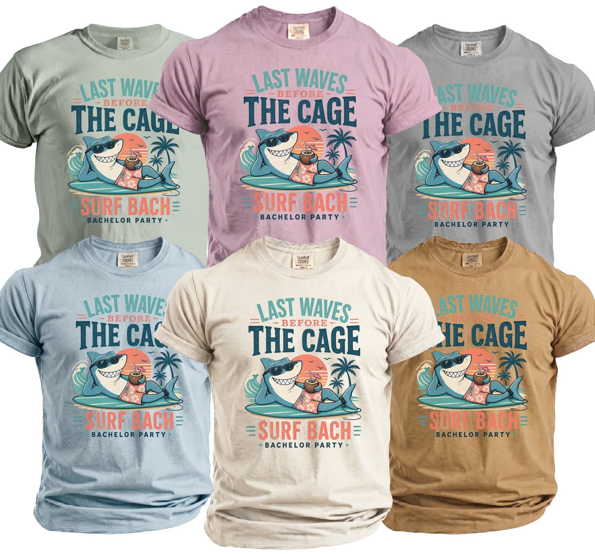 T-shirts featuring a shark in sunglasses with "Last Waves Before The Cage" and "Surf Bach" text.