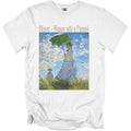 White t-shirt featuring Monet's "Woman with a Parasol" painting and title.