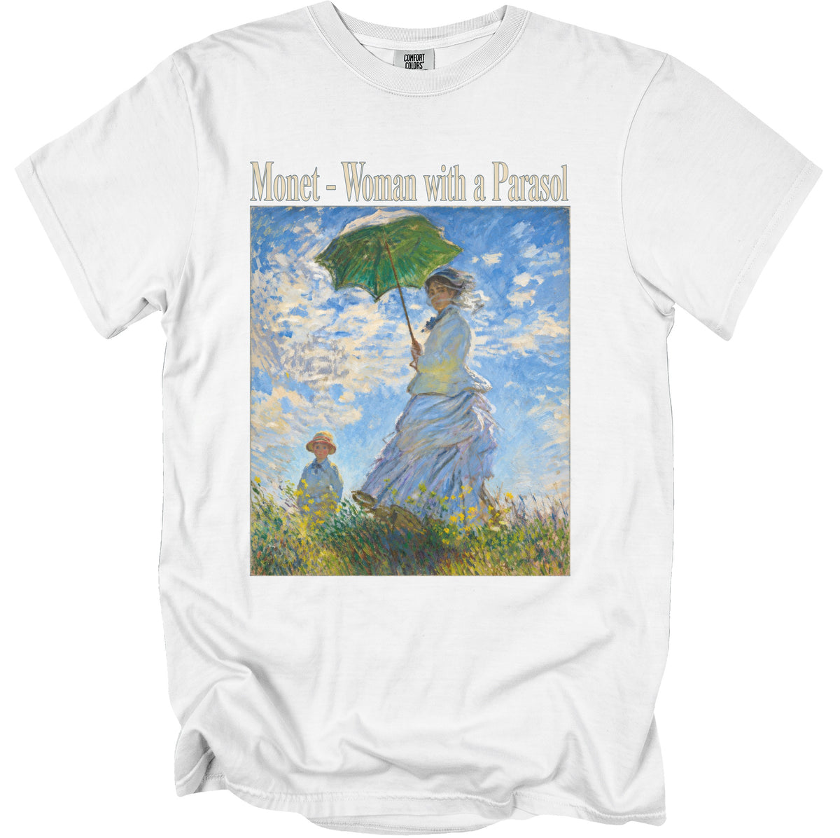 White t-shirt featuring Monet's "Woman with a Parasol" painting and title.