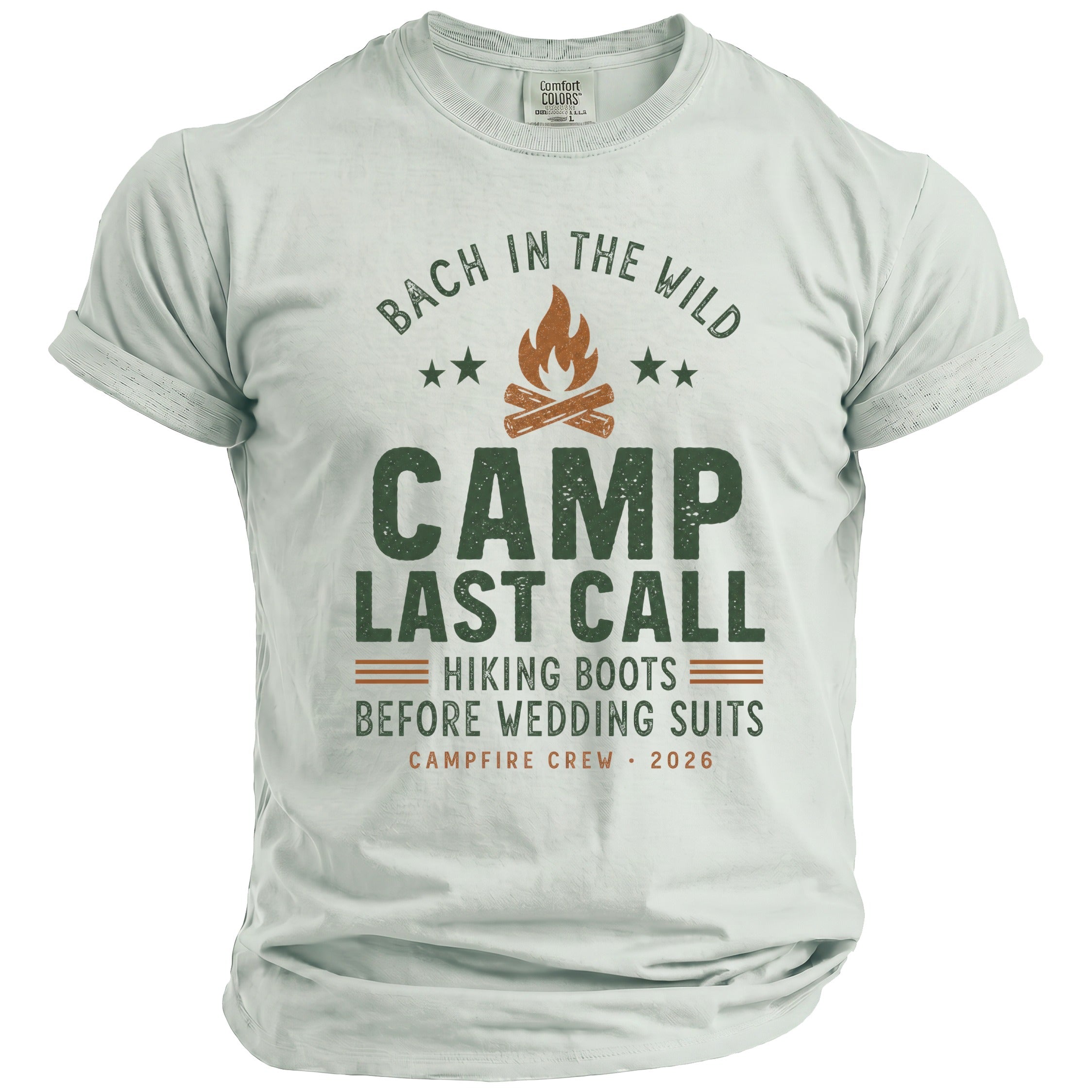 Light gray t-shirt with "Bach in the Wild" campfire graphic and text.