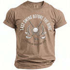 Brown t-shirt with "Last Swing Before The Ring Bachelor Weekend 2026" golf graphic.