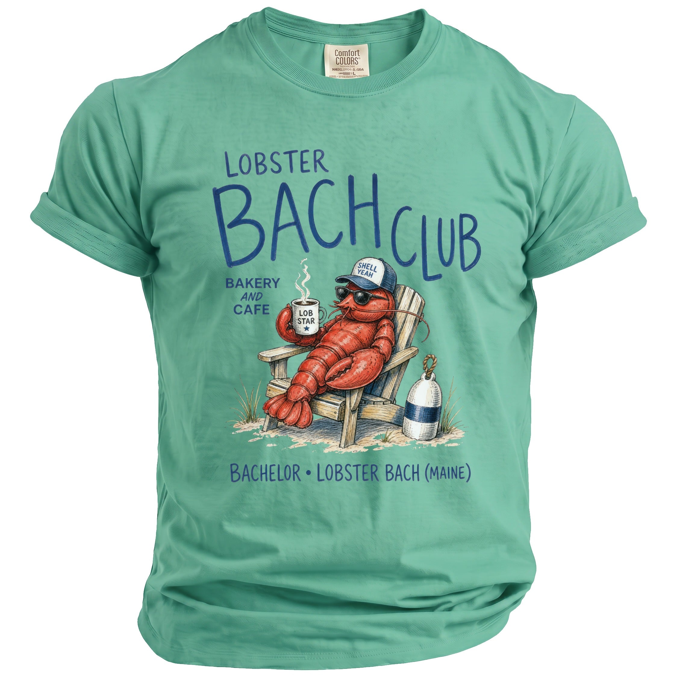Lobster Bach Club graphic with lobster in chair on t-shirt.