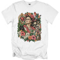Frida Kahlo surrounded by floral, skull, animal, and anatomical heart imagery on a white t-shirt.