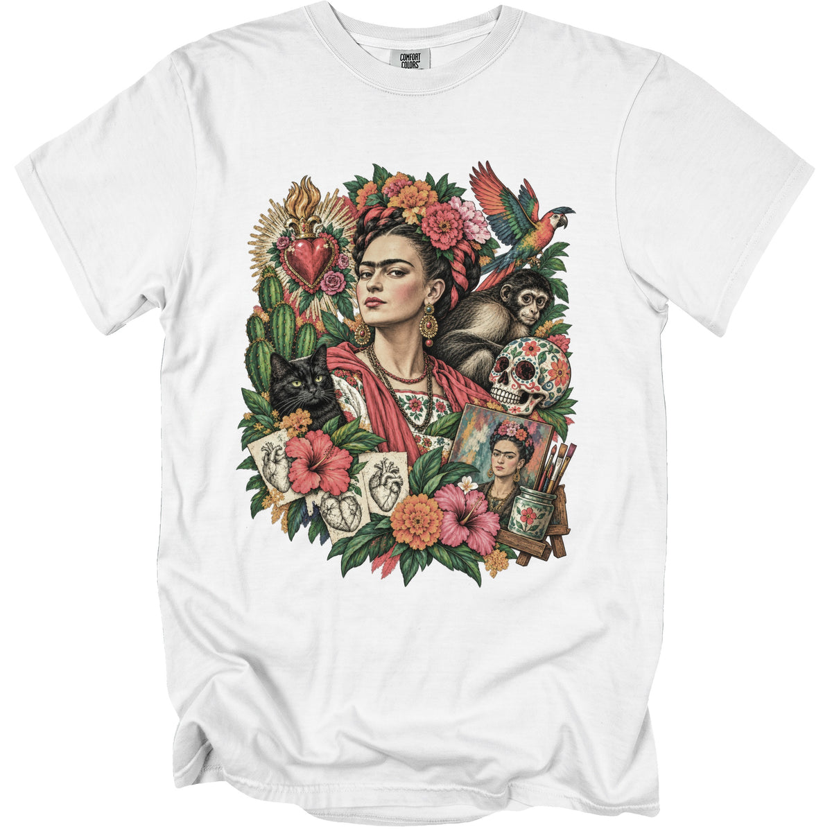 Frida Kahlo surrounded by floral, skull, animal, and anatomical heart imagery on a white t-shirt.