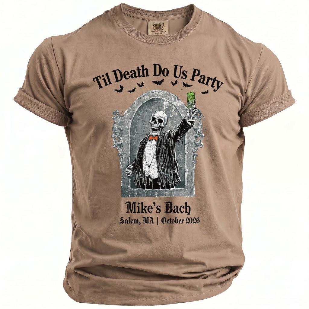 T-shirt with skeleton holding green drink, "Til Death Do Us Party" and "Mike's Bach" text.