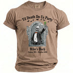 T-shirt with skeleton holding green drink, "Til Death Do Us Party" and "Mike's Bach" text.
