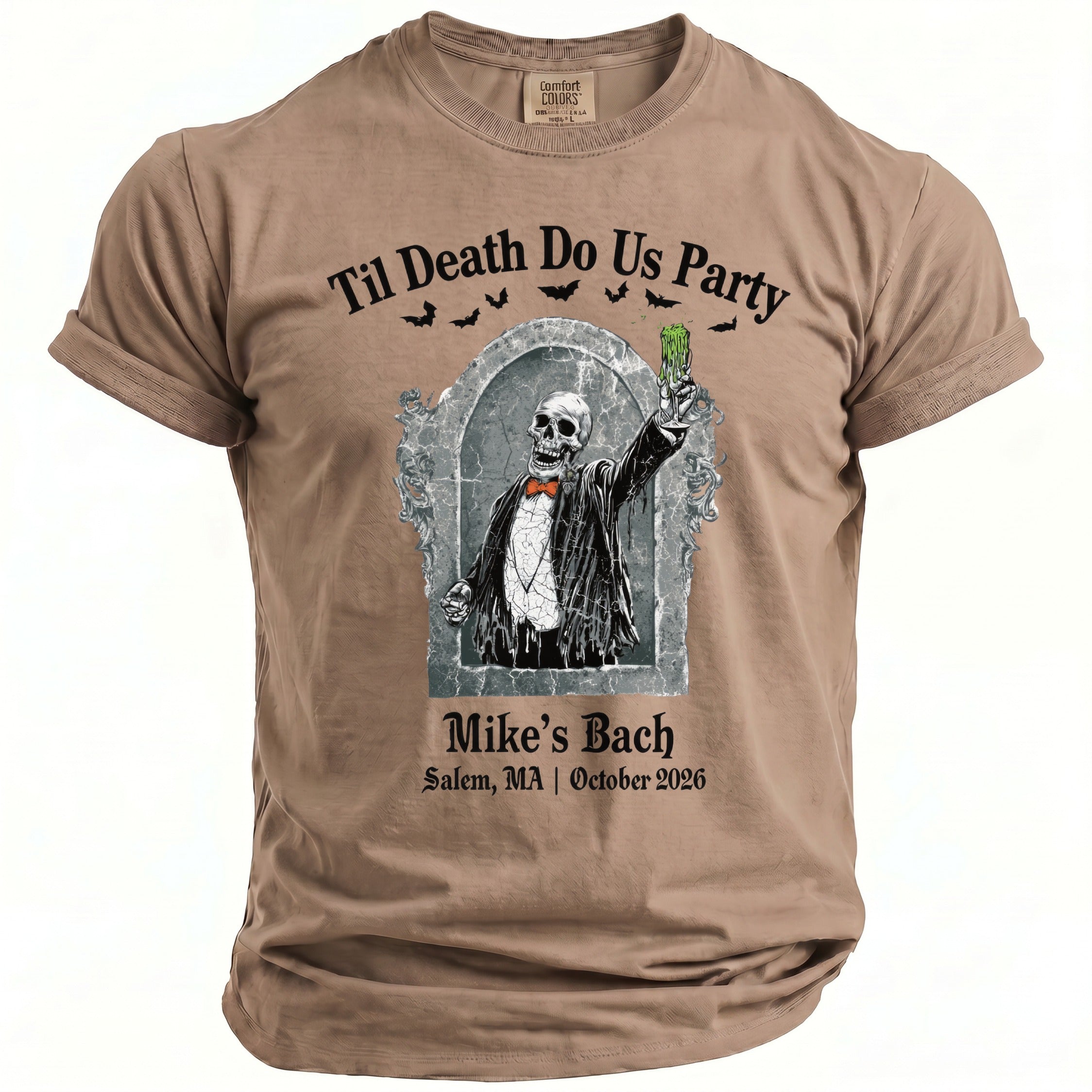 T-shirt with skeleton holding green drink, "Til Death Do Us Party" and "Mike's Bach" text.