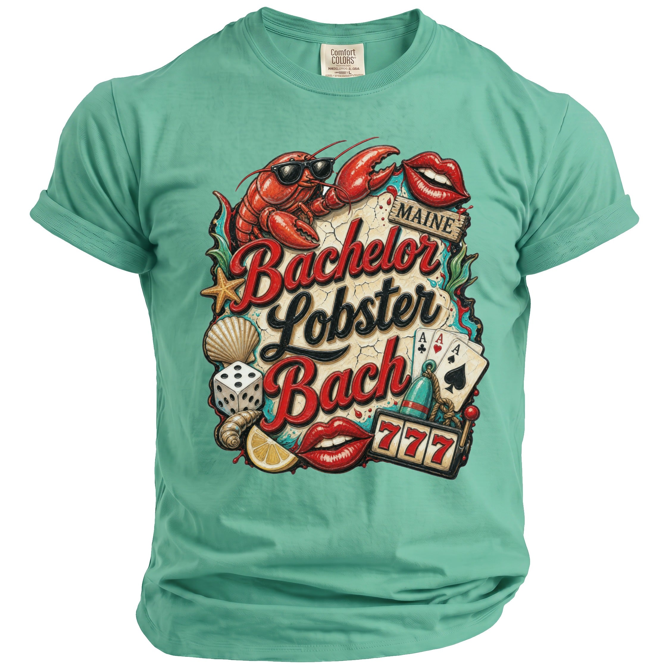 Green t-shirt with "Bachelor Lobster Bach Maine" text and graphics of a lobster, dice, and cards.