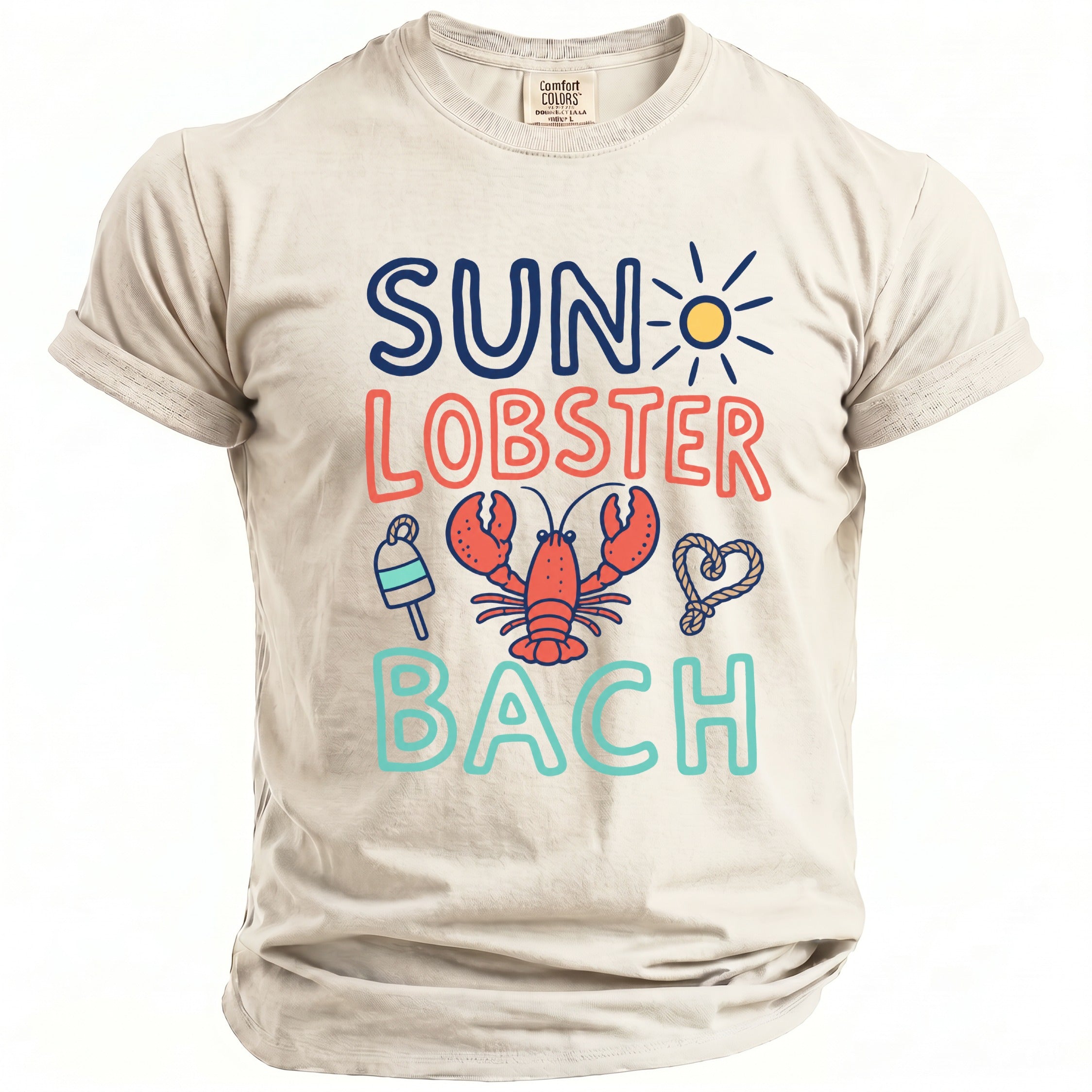 Beige t-shirt with "SUN LOBSTER BACH" text, lobster, buoy, and rope heart graphic.