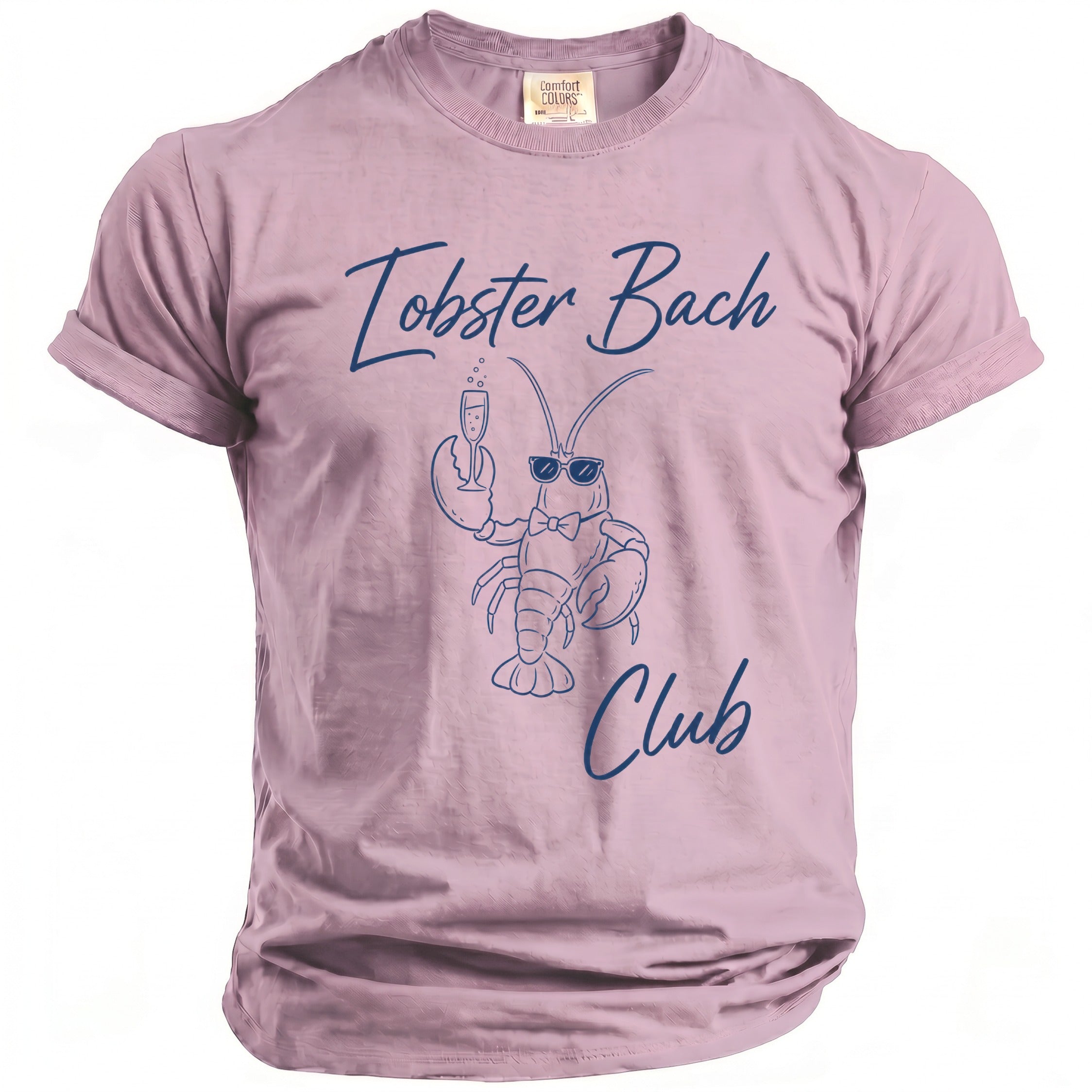 Pink t-shirt with navy blue text and lobster graphic.