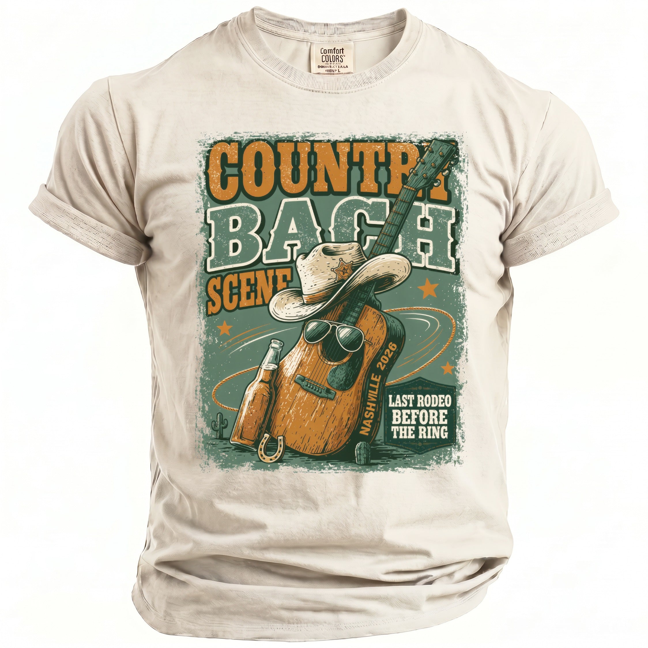 Country Bach Scene t-shirt graphic with guitar, hat, and Nashville 2026 text.