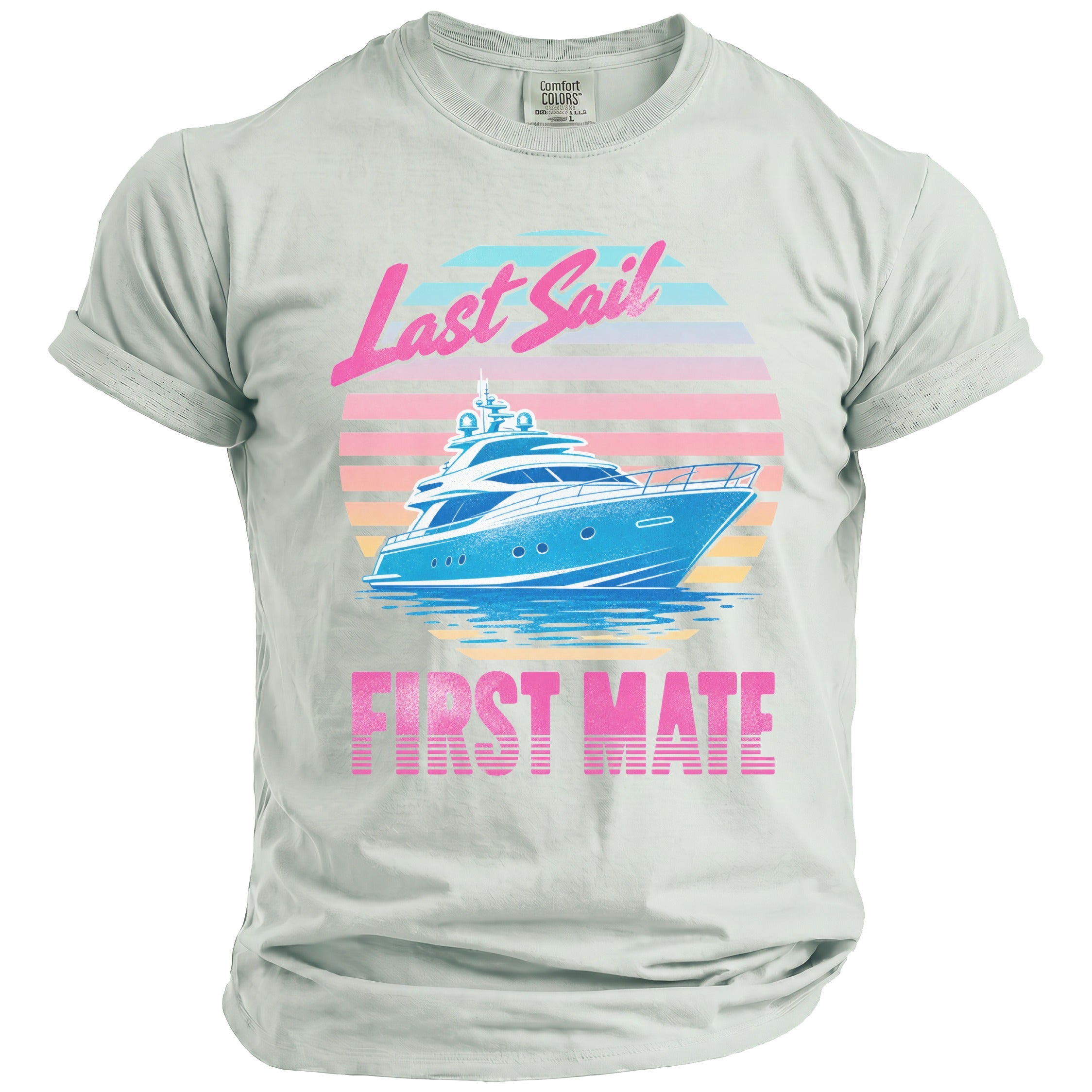 Light gray t-shirt featuring a retro sunset graphic with a yacht and the text Last Sail First Mate.